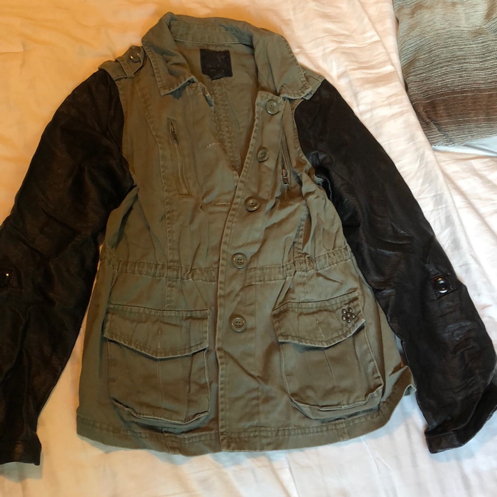 Green jacket with leather arms